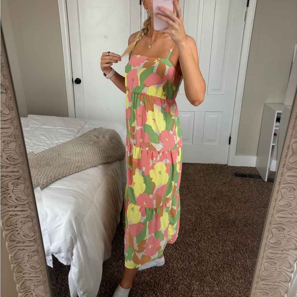 Sanctuary Floral Tiered Spaghetti-Strap Maxi Dress in Pink, Yellow & Green